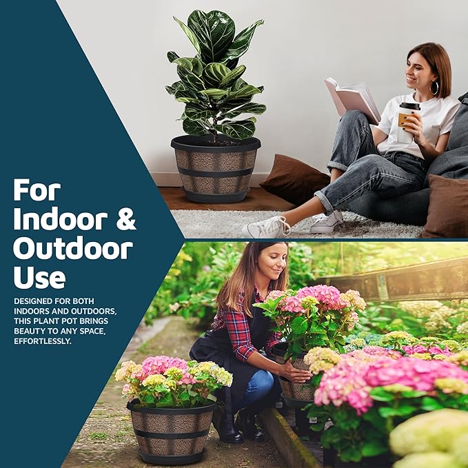 10-Inch Whiskey Barrel Planters Outdoor Pack of 10 - Durable Plastic Plant Pots for Indoor & Outdoor Use with Drainage & Saucer, Lightweight Rustic Barrel Planters for Flowers, Herbs & Small Plants