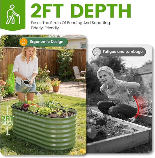Galvanized Raised Garden Bed Outdoor 24'' Deep | Oval Metal Garden Beds with Easy Assembly & Planter Box for Planting Deep Root Vegetables Fruits Flowers, 4x2x2ft OliveGreen 2Pcs