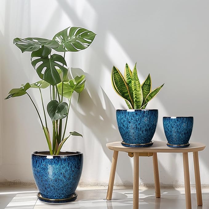 Plant Pots Indoor, Ceramic Planters Pots with Drainage Holes and Saucers, 10+8+6 Inch, Set of 3, Round Large Flower Pots for Indoor Outdoor Plants, Blue