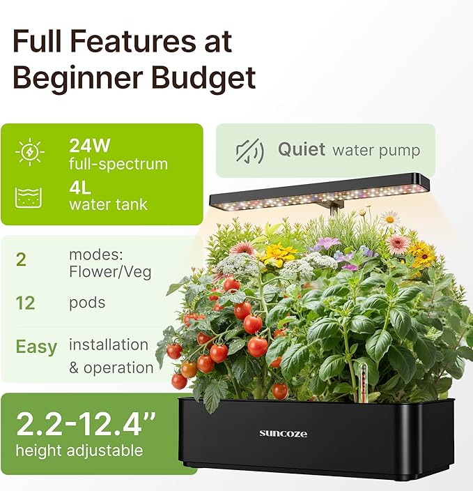 SUNCOZE Hydroponics Growing System Kit 12 Pods, 24W LED Grow Light Indoor Garden, 4L Water Tank with Quiet Pump, Adjustable Height Herb Garden Planter Indoor Kit, Gardening Gifts, Black