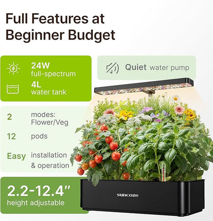 SUNCOZE Hydroponics Growing System Kit 12 Pods, 24W LED Grow Light Indoor Garden, 4L Water Tank with Quiet Pump, Adjustable Height Herb Garden Planter Indoor Kit, Gardening Gifts, Black
