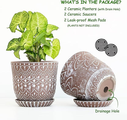 Gepege Ceramic Planter, 6 Inch Plant Pot with Drainage Holes and Saucers for Indoor Plants, Birthday for Women Mom