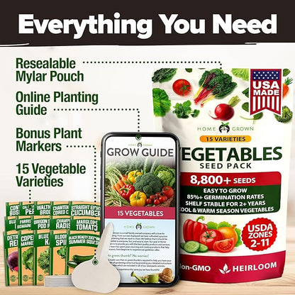 HOME GROWN Heirloom Vegetable Seeds - 15 Varieties, 7,000+ Non GMO Seeds for Planting, Complete Vegetable Garden Kit for Indoor & Outdoor Growing, Survival Seed Vault for Preppers