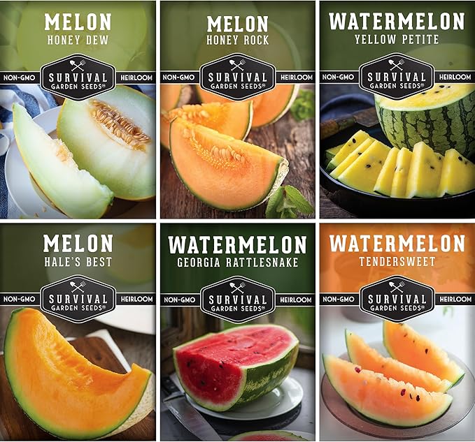 Melon Seeds for Planting Variety Pack – 6 Heirloom Cantaloupe, Honeydew & Watermelon Types – Honey Rock, Hale’s Best, Tendersweet, Georgia Rattlesnake – Survival Garden Seeds
