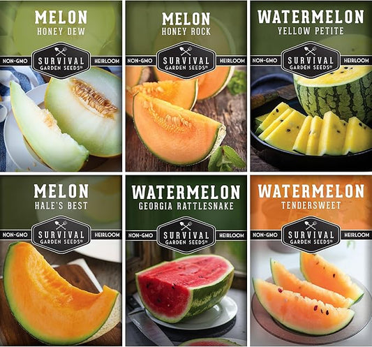 Melon Seeds for Planting Variety Pack – 6 Heirloom Cantaloupe, Honeydew & Watermelon Types – Honey Rock, Hale’s Best, Tendersweet, Georgia Rattlesnake – Survival Garden Seeds