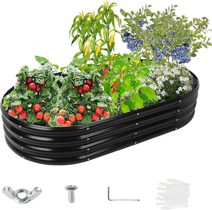 5X2.7X1 FT Oval Galvanized Metal Garden Raised Bed/Plant Box for Planting,32 Inches Diameter Iron Fire Pit Ring,Small Animal Fence-3 in 1 Modular Design in Black (Black, 60X32X11.5 Inches)