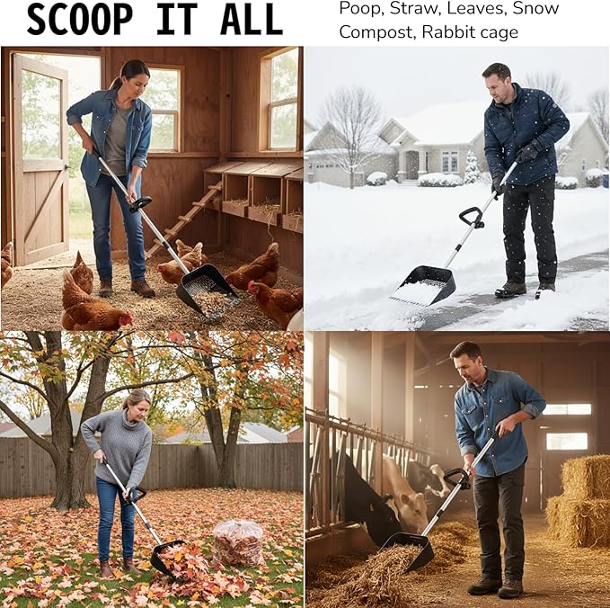 Chicken Poop Scooper & Rake 2-in-1, Adjustable Steel Handle Chicken Poop Shovel (24"-63.7"). Chicken Coop Scoop for Chicken Coop and Pet Poop Cleaning with Ergonomic Grip-Honeycomb