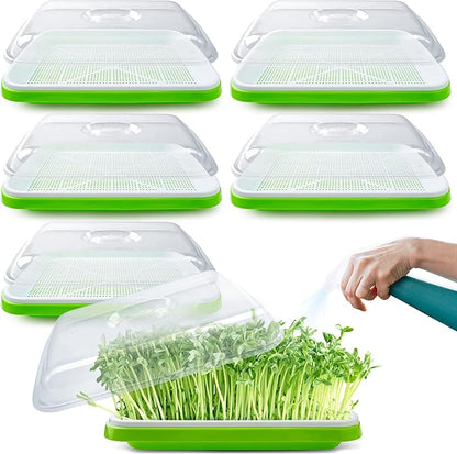 Seed Sprouter Tray with Drain Holes,Seed Germination Tray Kit BPA Free Nursery Tray,Soil-Free Big Capacity Healthy Wheatgrass Grower Sprouting Container (5 Pack with lid-Light Green)