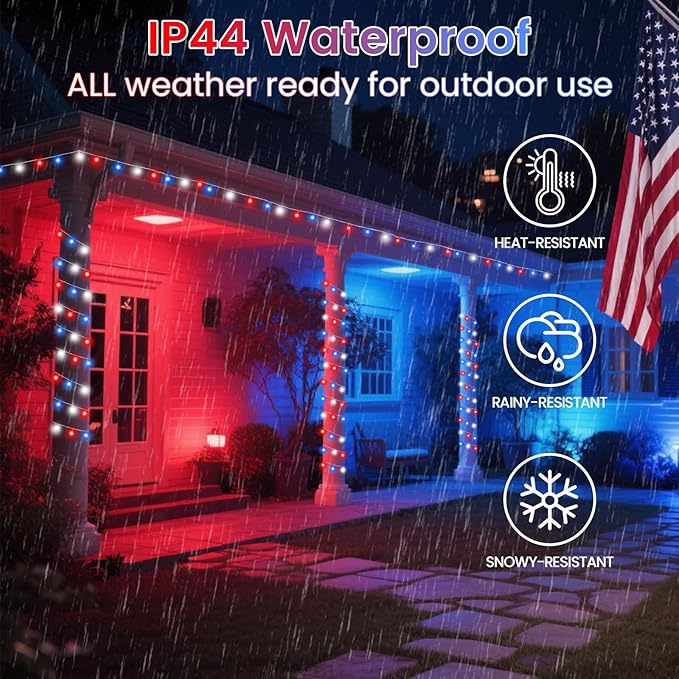 2 Pack Red White and Blue Fairy Lights Battery Operated, 66FT 200LED July 4th Patriotic String Lights with Timer, 8 Modes Waterproof Twinkle Light Indoor Outdoor for Independence Day National Day