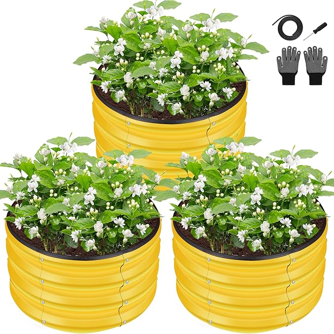 ZXZYHFTY Round Galvanized Raised Garden Bed kit,Yellow Outdoor Garden Raised Planter Box, Round Large Metal Raised Garden Beds for Vegetable 2 * 2 * 1ft 3 Pcs