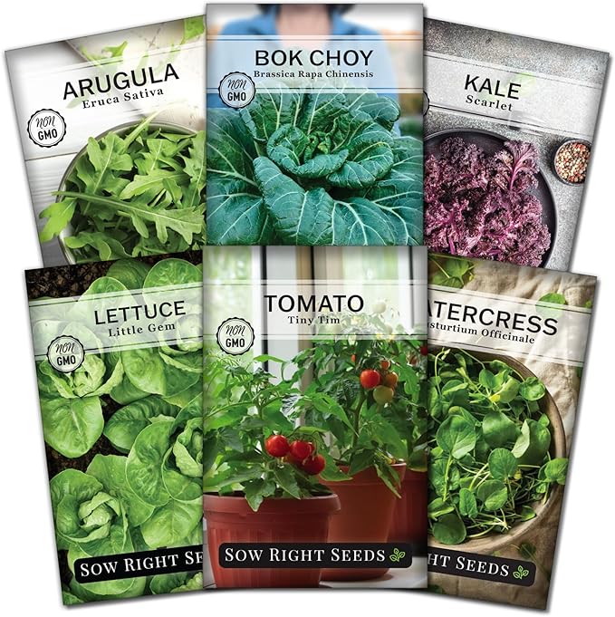 Sow Right Seeds - Hydroponic Vegetable Seeds for Planting - Lettuce, Kale, Arugula, Pak Choi, Watercress & Cherry Tomato Seeds for Planting and Growing Hydroponics - Perfect for Indoor Growing System