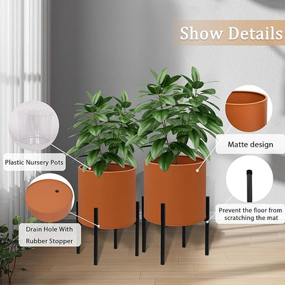 ARNIS Modern Plant Pots, Set of 2 Large Planters with Stand, Decorative Planters, Metal Pots with Drainage Holes for Living Room, Office, Garden or Balcony, 8.25 &10.5 Inch