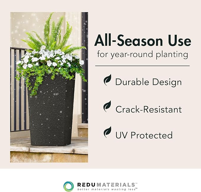 Tierra Verde Indoor & Outdoor Self-Watering Square Planter, Citadel Stucco, 13.5" x 26", Black - Planting Containers for Plants and Flowers - Gardening and Landscaping Accessories