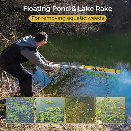 Goplus Floating Weed Lake Rake, 36" Aluminum Multifunctional Detachable Landscape Rake with Extension Handle, 20 FT Rope and Float, Weed & Algae Removal of Leaves, Floating Scum, Aquatic