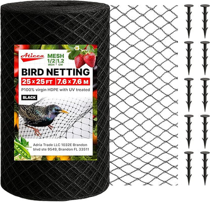 Heavy Duty Bird Netting for Garden Protection & Fruit Trees, 25x25 Ft with 10 Stakes – Black Anti-Bird Net for Poultry, Deer, & Squirrel Protection, Durable Nylon Mesh for Garden and Yard Use