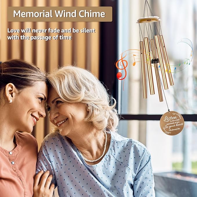 Sympathy Wind Chimes for Loss of Loved One, Memorial Windchimes for Lost Father Mother, Remembrance Bereavement Gift with Card, in Memory of Dad Mom Metal Funeral Decor for Garden Outdoor (39“ Gold)