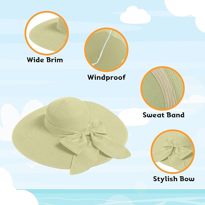 Women's Wide Brim UPF 50+ Straw Sun Hat with Bow - Foldable Packable Summer Beach Hat with Chin Strap