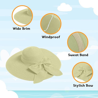 Women's Wide Brim UPF 50+ Straw Sun Hat with Bow - Foldable Packable Summer Beach Hat with Chin Strap