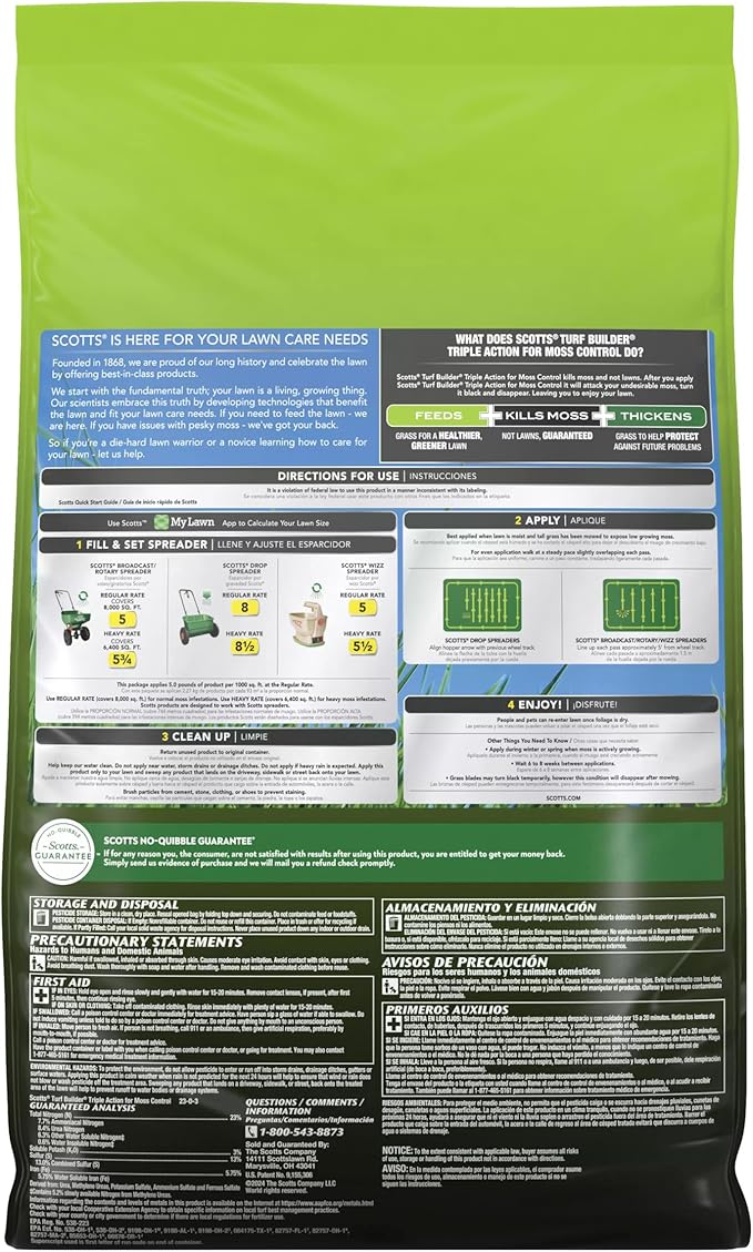 Scotts Turf Builder Triple Action for Moss Control, Moss Killer and Lawn Fertilizer, Covers Up to 8,000 sq. ft., 40 lbs.