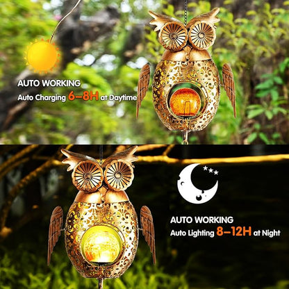 Solar Owl Wind Chimes Outdoor, Waterproof Sun Wind Bells Light with Crackle Glass Ball for Outside, Clearance Unique Gifts for Mother's Day, Birthday, Women, Girls, Garden Decor