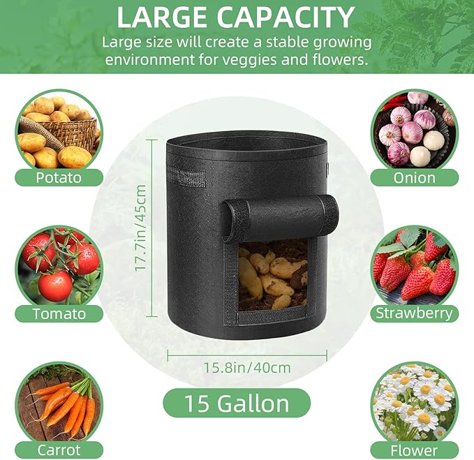 LITLANDSTAR 12 Pack 15 Gallon Potato Grow Bags, Heavy Duty Nonwoven Fabric Garden Planting Bag Plant Container with Flap and Handles, Aeration Fabric Pots for Growing Vegetable, Fruits and Flowers