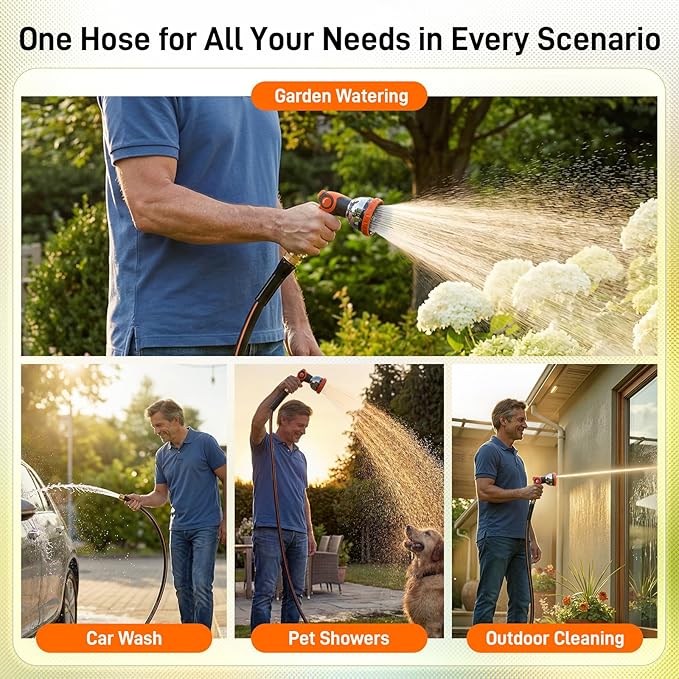 Garden Hose, 25ft 5/8" Heavy Duty Rubber Water Hose, 550 PSI Burst, 360° Anti-Kink Swivel Connectors, All-Weather Flexible, Leakproof 3/4" Brass Male to Female Fittings