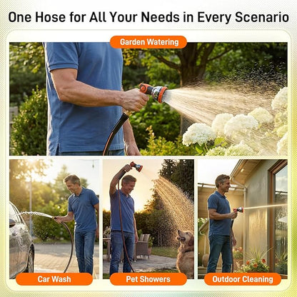 Garden Hose, 100ft 5/8" Heavy Duty Rubber Water Hose w/ 10-Mode Spray Nozzle, 550 PSI Burst, 360° Anti-Kink Swivel Connectors, All-Weather Flexible, Leakproof 3/4" Brass Male to Female Fittings