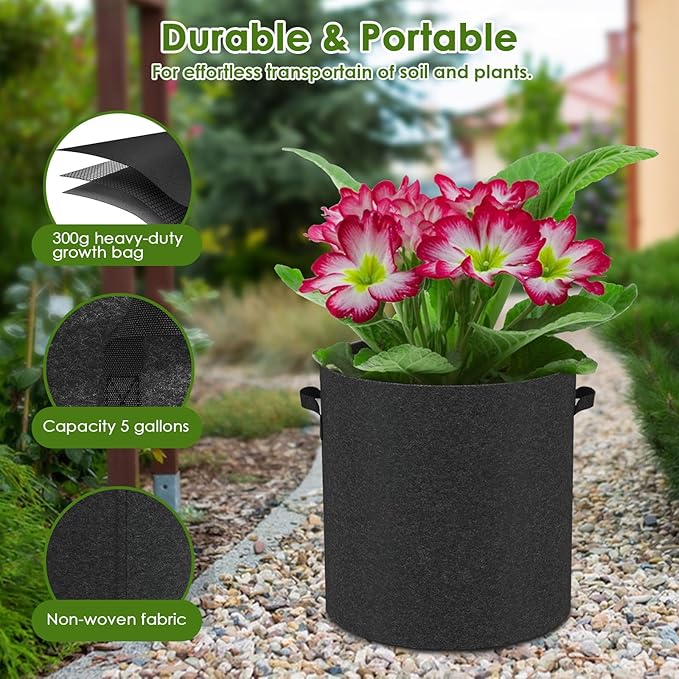 12-Pack 5 Gallon Thickened Non-Woven Breathable Plant Grow Bags, Fabric Inflatable Pots Flowerpots with Handles, Fabric Plant Bags, Black.