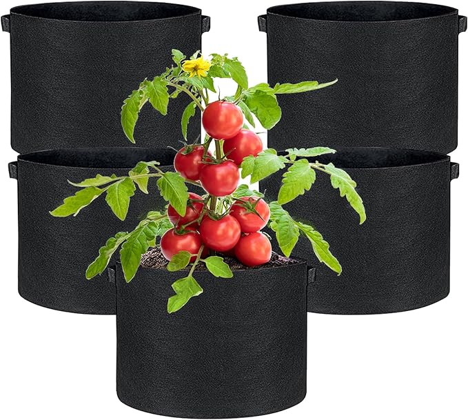 JJGoo 5 Pack Potato Grow Bags 5 Gallon with Flap, Heavy Duty Fabric with Handle, Non-Woven Planter Pot Plant Garden Bags to Grow Vegetables Tomato, Black