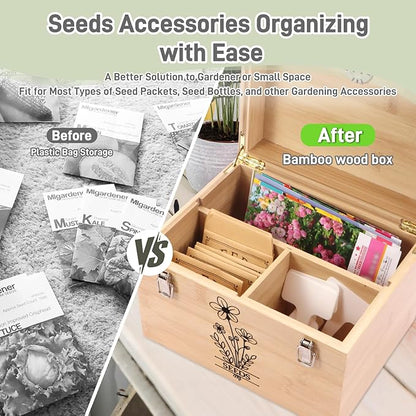 Professional-Designed Bamboo Seed Storage Box with Built-in Hygrometer, Double-Layer Airtight Lid and Safety Lock, Temperature-Stable Wooden Seed Organizer for Preservation, Great Gifts for Gardener