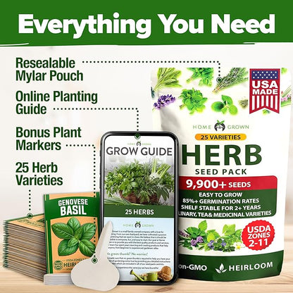 HOME GROWN 25 Herb Seeds for Planting 8,700+ Non-GMO Heirloom Seeds | Extra Large Variety Pack Herb Kit – Indoor Outdoor & Hydroponic | Culinary Seed Set | Grow Your Own Herbs | Gardening Gift