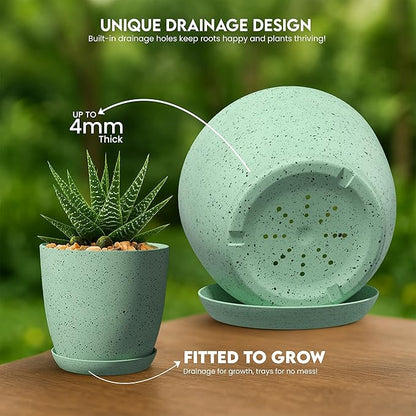 Utopia Home - Spotty Plant Pots Indoor with Drainage - 7/6.6/6/5.3/4.8 Inches Flower Pots - 5 Pack Plastic Planters - Ideal for Stocking Stuffers - (Speckled Mint, Pack of 5)
