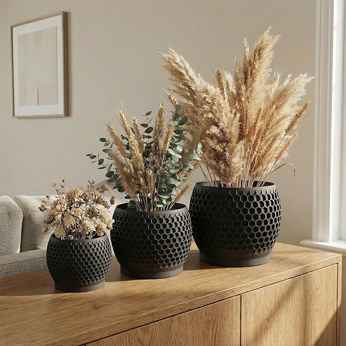 Plant Pots, Modern 3D Printed Honeycomb Planters for Indoor Plants, 4.7/6/8 Inch Matte Black Decorative Flower Pot for Office Desktop, Bookshelf & Home Decor, Lightweight & Durable