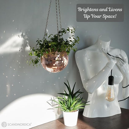 SCANDINORDICA Disco Ball Planter – Value Package: Mirror Disco Planter with Chain, Macrame Hanger and Acrylic Stand for Desk, Includes Self Watering Insert, Quirky Gifts | 6 inch Rose Gold