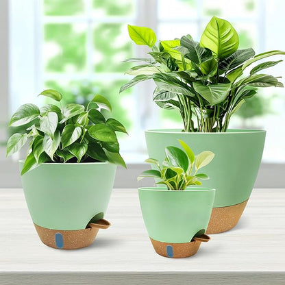 MNKXL 12"/10"/9"/8" Self Watering Pots with Visual Water Window,Extra Large Self Watering Plant Pots with Drainage Holes & Saucers,Green Planters for Indoor Plants,4-Pack