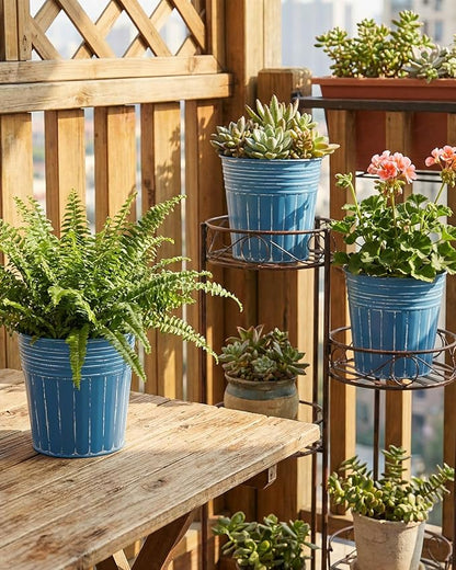 6 Inch Steel Blue Metal Rustic Flower Pots - 6Pcs Galvanized Planters with Drainage Hole and Rubber Plug, Rustproof Metal Bucket Plant Pots Farmhouse Vintage Style for Decor