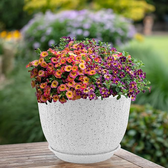 12/10/9 inch Plant Pots, 3 Pack Flower Pots for Outdoor Indoor Garden Plants, Large Planters with Multi Mesh Drainage Holes and Saucer (Speckled White, 12"+10"+9")