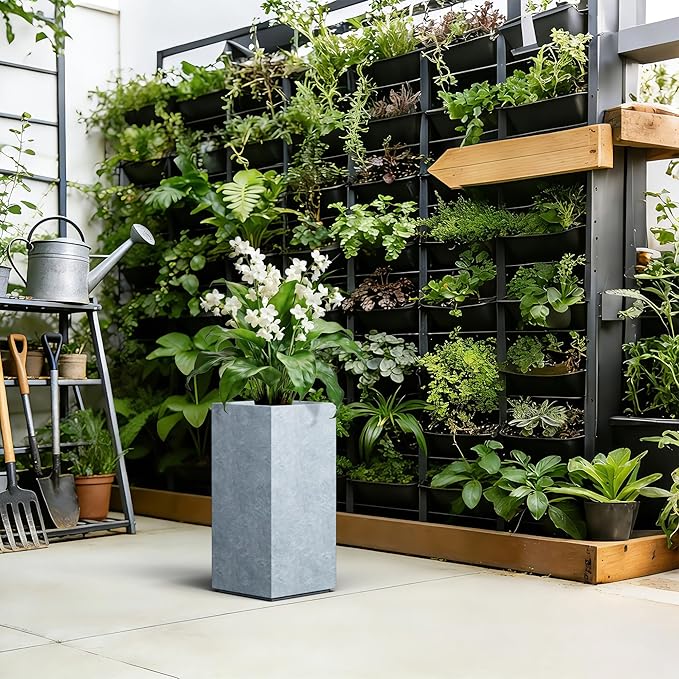 Kante 23.6" H Tall Rectangular Concrete Planter, Modern Square Diameter Plant Pot with Drainage Hole and Rubber Plug for Indoor Outdoor Home Patio Garden, Slate Gray