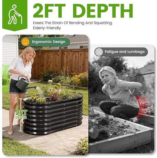 Galvanized Raised Garden Bed Outdoor 24'' Deep | Oval Metal Garden Beds with Easy Assembly & Planter Box for Planting Deep Root Vegetables Fruits Flowers, 4x2x2ft Grey 2pcs