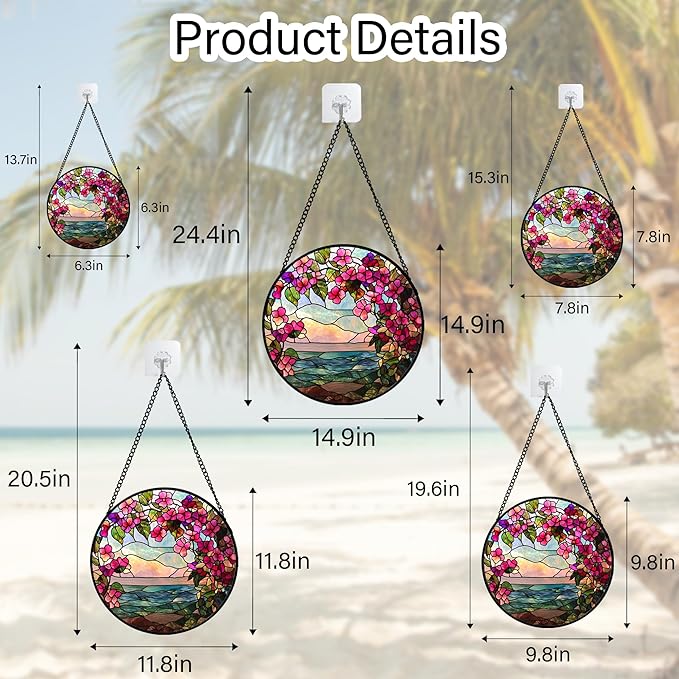 Stained Glass Window Hanging, Purple Flower Landscape Wreath Sun Catcher for Door Home Decor Plants Suncatcher Christmas Mother's Day Birthday Gifts for Women Men Mom Nana 11.8 in