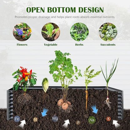 Domi 8x4x2ft Metal Raised Garden Beds Outdoor, Thickened Galvanized Steel Deep Root Planter Box with Stabilizing Bars & Rubber Edging for Vegetables, Flowers, Herbs - Dark Gray