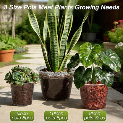 24 Pack 10/8/6 Inch Large Clear Nursery Pots with Drainage Hole, Plastic Plant Pots for Seedlings Flowers Succulents Vegetable, Indoor Outdoor Gardening (6/8/10 Inch-24Pack)