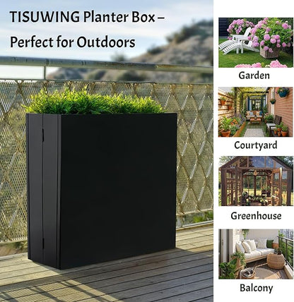 Metal Planter Box, No Installation Galvanized Steel Folding Rectangular Planter with Drainage Holes, 35.5"x 10"x 28" Black Outdoor Planter for Porch/Patio/Garden