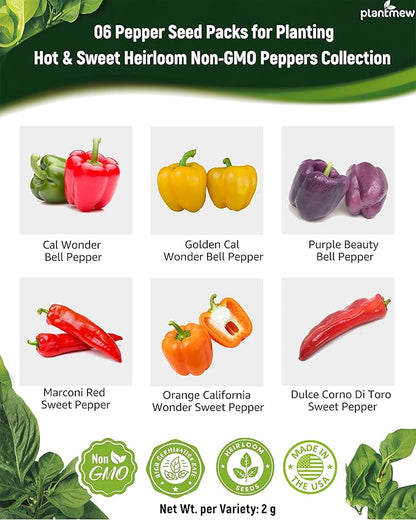 Sweet Pepper Seeds Gardening Kit - 6 Heirloom Varieties for Salsa & Cooking - Non-GMO Chili Plant Seeds for Indoor & Outdoor Planting: Red, Orange, Yellow, Green and More Bell Pepper
