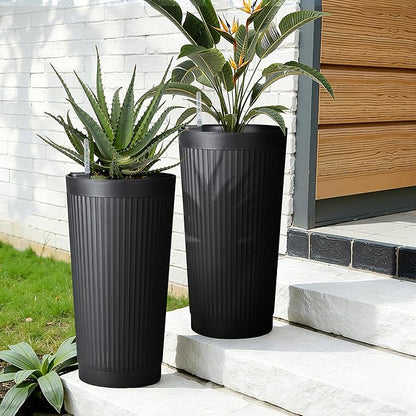 Set of 2 Tall Self-Watering Planters, 24" Large Planters with Water Level Indicator for Indoor & Outdoor Plants, Modern Planters for Garden, Patio, Balcony, Porch, Black