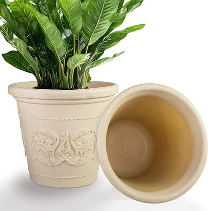 Sunnydaze 19.5-Inch Arabella Large Plastic Pot for Plants - Outdoor Double-Walled Polyresin Large Plastic Planter with Drillable Drainage Holes - Antique White - 2-Pack