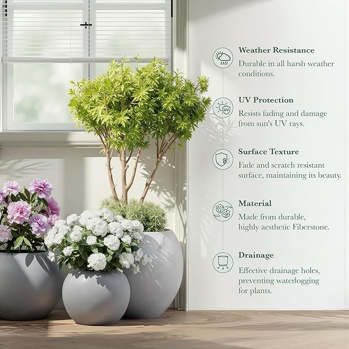 DTY Mount Sherman 16.1'' D x 13.6'' H (Pot Opening 11.8") Fiberstone Round Planter with Drainage Hole, Smooth Finishes, Weather Resistant for Indoor and Outdoor, 2 Extra Coco Mats - Gray, Medium