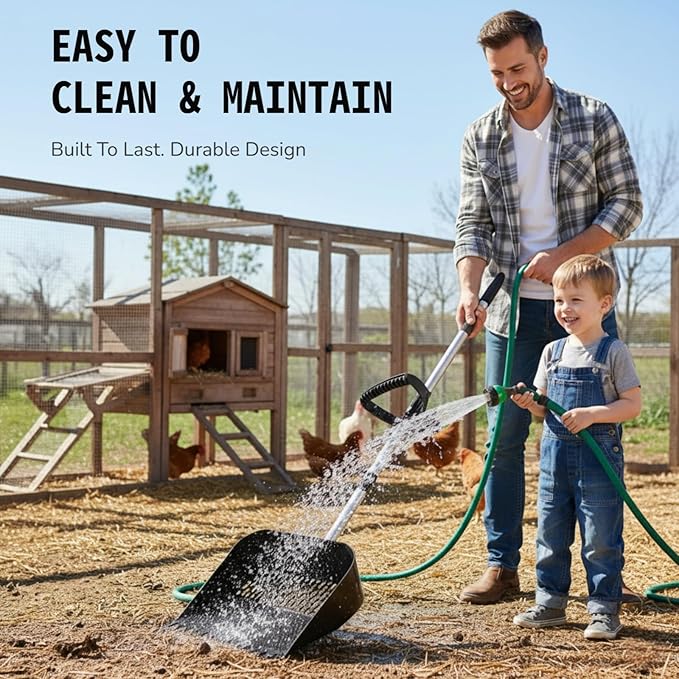 Chicken Poop Scooper & Rake 2-in-1, Adjustable Steel Handle Chicken Poop Shovel (24"-63.7"). Chicken Coop Scoop for Chicken Coop and Pet Poop Cleaning with Ergonomic Grip-Long Slot