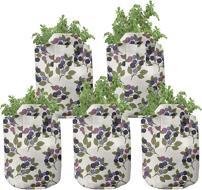Lunarable Berries Grow Bags 5-Pack, Vintage Garden Branches, Heavyduty Fabric Pots with Handles for Plants, Ivory Purple