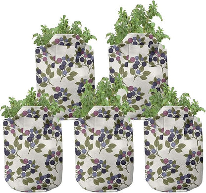 Lunarable Berries Grow Bags 5-Pack, Vintage Garden Branches, Heavyduty Fabric Pots with Handles for Plants, Ivory Purple